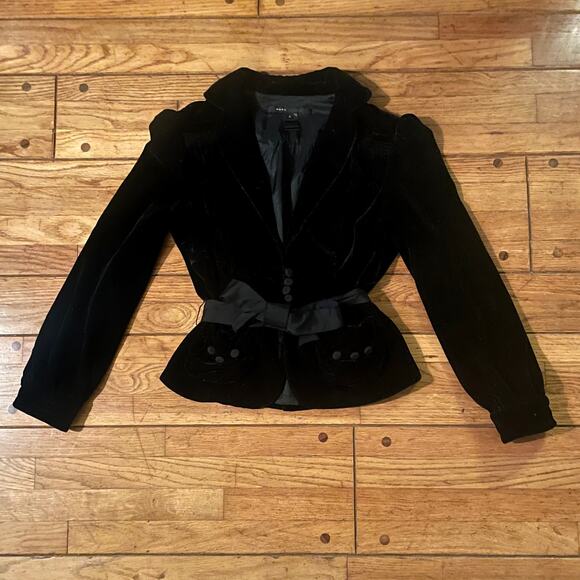 MARC JACOBS Womens Black Silk Crushed Velvet Bow Belted Jacket Blazer Coat - Picture 7 of 16